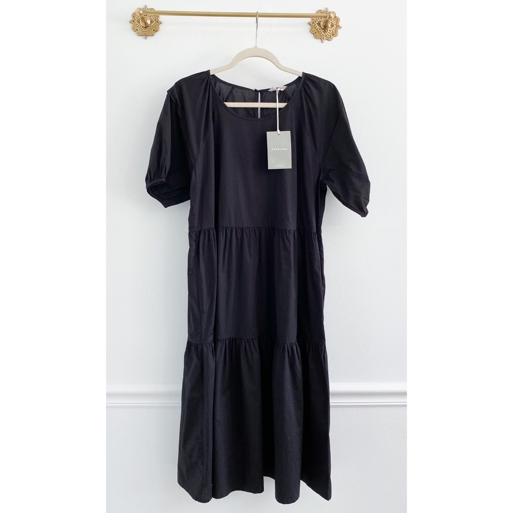 Everlane Black Tiered Cotton Midi Puff Sleeve Dress